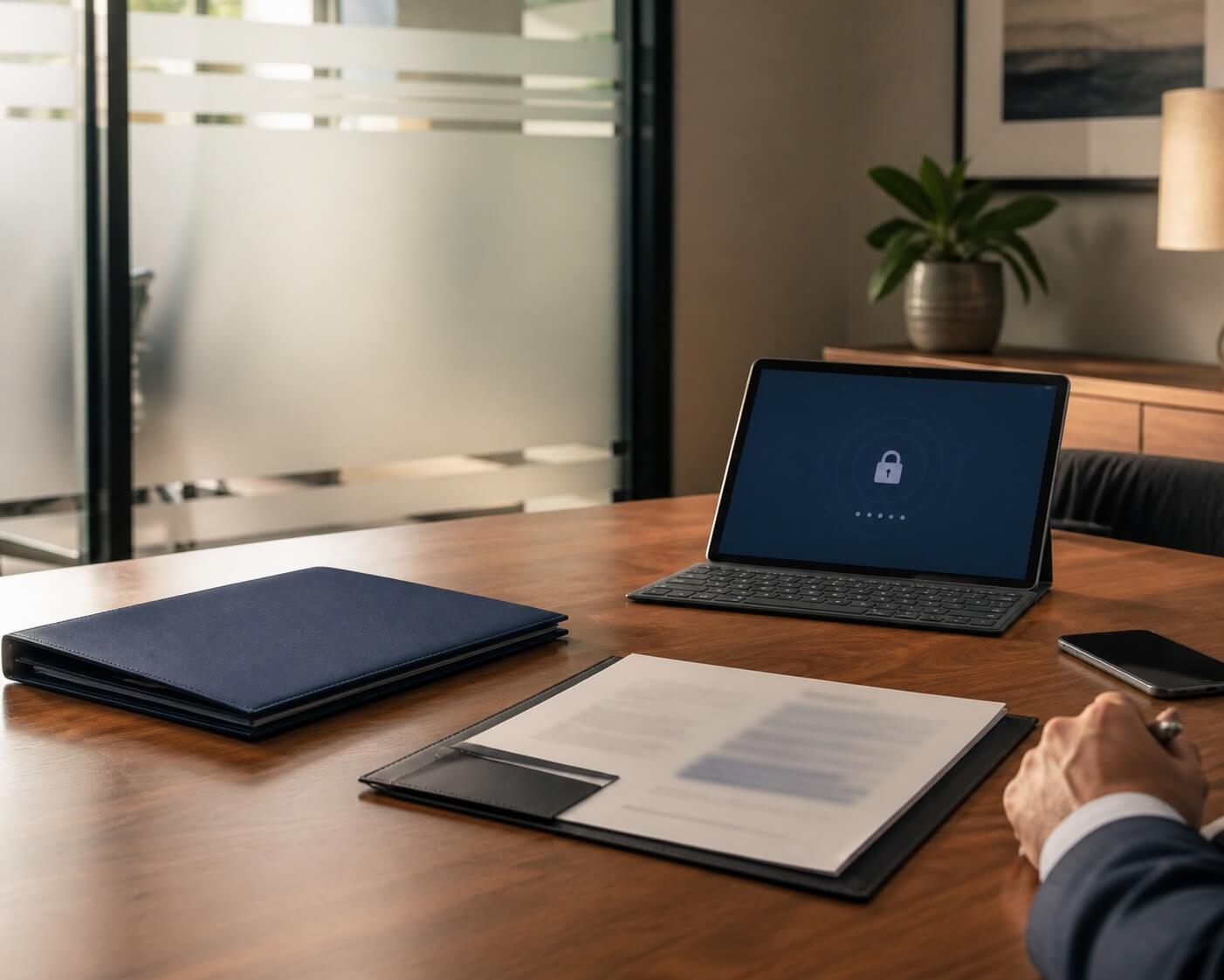 Confidential business sale documents with a secure tablet login in a private M&A advisory office.