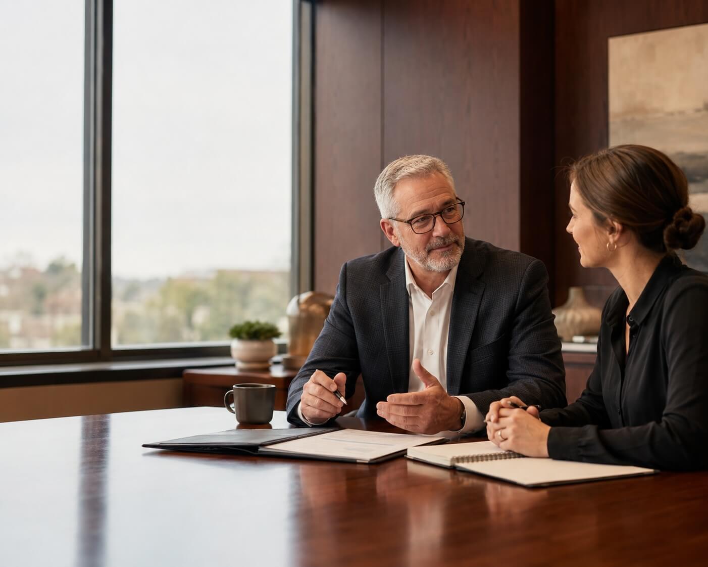 Business owner meeting with an advisor to discuss whether to sell business to employee, vendor, or buyer.