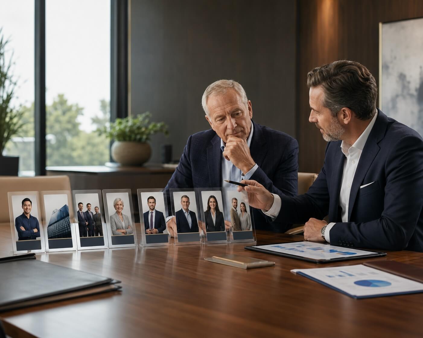 Business advisors reviewing potential strategic buyers during a company sale planning meeting.