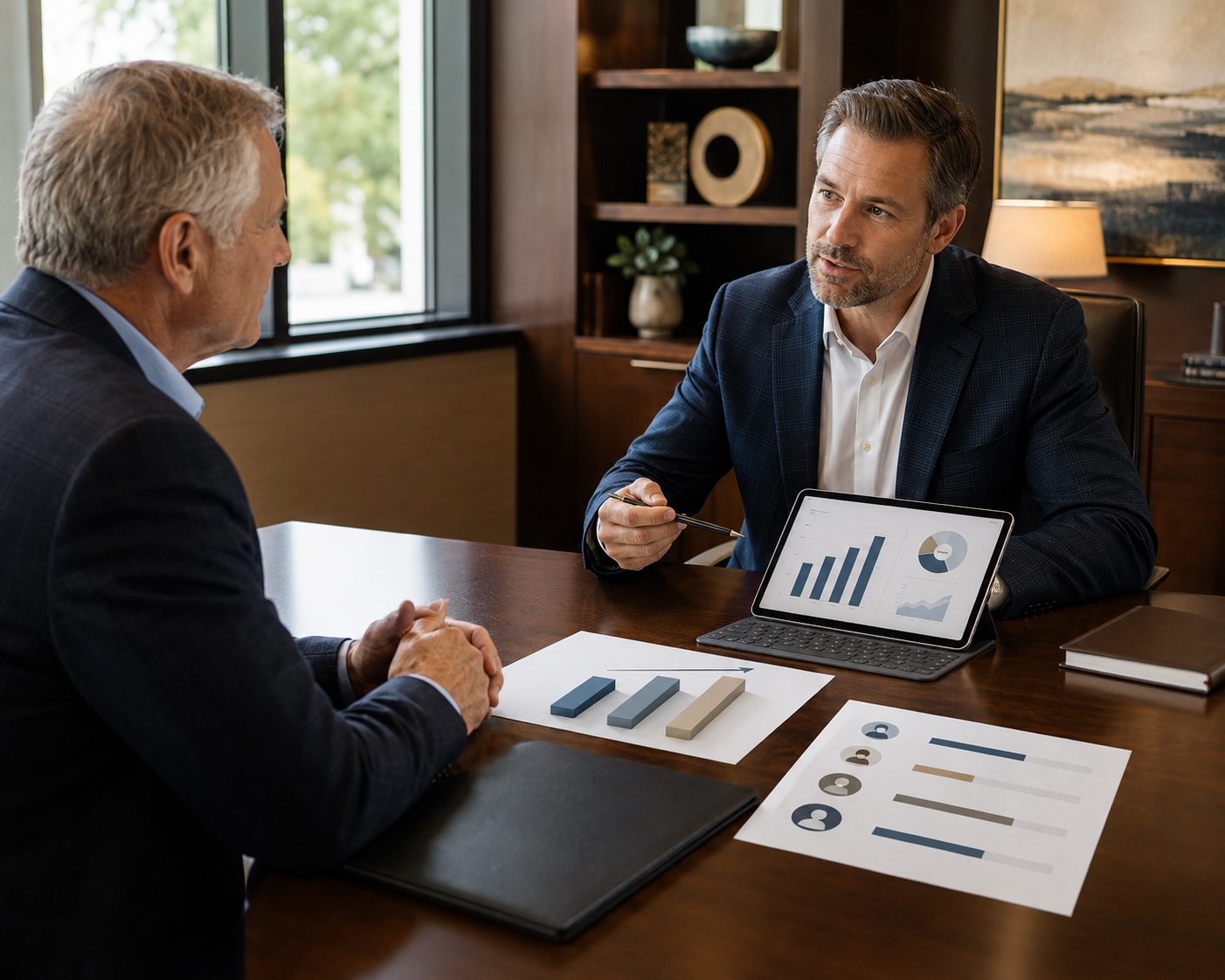 M&A advisor discussing financial reports with a business owner during the Selling Your Business process.