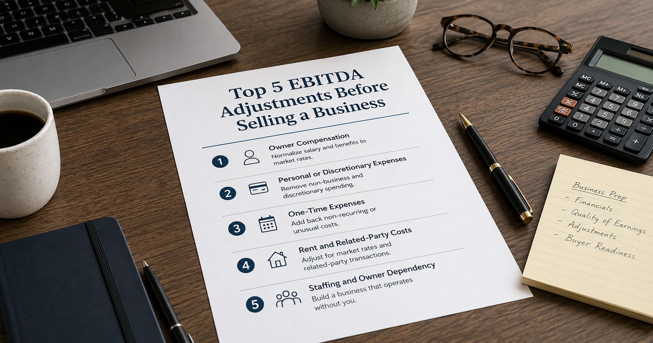 Professional desk scene with a printed guide titled Top 5 EBITDA Adjustments Before Selling a Business, surrounded by a laptop, calculator, pen, coffee, glasses, and business notes.